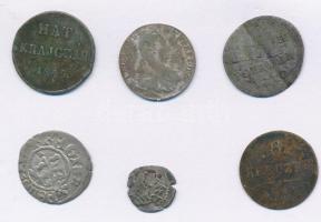 6db-os vegyes rossz minőségű magyar és külföldi ezüstpénz tétel, közte Ausztria 1779C-A 3kr Ag "Mária Terézia", Magyarország 1849NB 6kr Ag T:3,3- patina,ü. 6pcs of various silver coins in bad condition, including Austria 1779C-A 3 Kreuzer Ag "Maria Theresia", Hungary 1849NB 6 Kreuzer Ag C:F,VG patina,ding