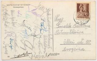1943 A Gázművek (?) focicsapat tagjainak aláírása, közte vitéz(!) Hidegkúti és sokan mások, 9x14cm