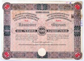 Budapest 1929. Részvénytársaság Villamos és Közlekedési Vállalatok Számára 10 részvénye egyenként 100P-ről, bélyegzéssel és szárazpecséttel T:III fo.