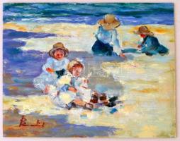 Olvashatatlan jelzéssel: Gyerekek a parton. Olaj, farost, 20×25 cm