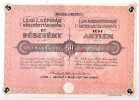 Budapest 1926. Láng L. Gépgyár Részvénytársaság 5 részvénye 50P-ről szelvényekkel, szárazpecséttel T:III tűnyom, elő- és hátlap külön