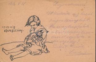 Jelzés nélkül: A kis csueslány, tábori postai levelezőlap. Tus, papír, 9x14 cm