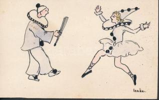 Lenkei jelzéssel: Táncoló bohócok. Vegyes technika, papír jelzett, 9x14 cm