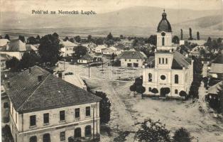 Németlipcse, Nemecka Lupca; Látkép vendéglővel, üzlettel, templommal / view with restaurant, shop and church (ázott / wet damage)