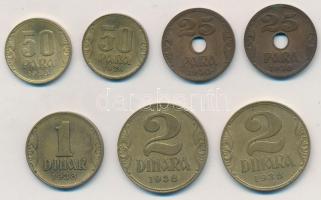 Jugoszlávia 1938. 25p Br (2x) + 50p Al-Br (2x) + 1D Al-Br + 2D Al-Br (2x) T:2 Yugoslavia 1938. 25 Para Br (2x) + 50 Para Al-Br (2x) + 1 Dinar Al-Br + 2 Dinara Al-Br (2x) C:XF