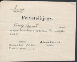 1913-1922 Az Újpesti M. Kir. Állami Főgimnázium nyomtatványai(felhívás, felvételi jegy, felvételi ig...