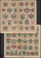 cca 1910-1914 Európa államainak és a jelentős Európán kívüli államok címerei, kiadja Kartogr. Anstalt von Freytag&Berndt, Bécs, 2 db, szakadással, 18x17 cm