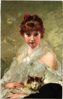 Lady with cat, art postcard, Stengel & Co. No. 229909, litho s: Charles Chaplin
