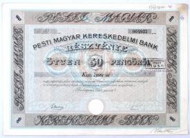 Budapest 1928. "Pesti Magyar Kereskedelmi Bank" részvénye 50P-ről, szárazpecséttel, bélyegzéssel, szelvényekkel T:II