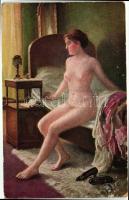 Am Morgen nude lady, erotic art postcard, Marke J.S.C. s: G. Rienacker