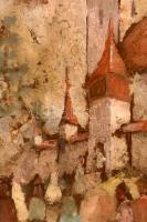 Jelzés nélkül: Körösfői templom. Olaj, karton, foltos, üvegezett keretben, 60×50 cm