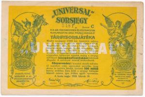 Budapest 1926. "Universal - a Magyar Királyi Postamesterek és Postamesteri Alkalmazottak Országos Nyugdíj Egyessületének tárgysorsjátéka" sorsjegye, szelvényekkel T:III szakadás