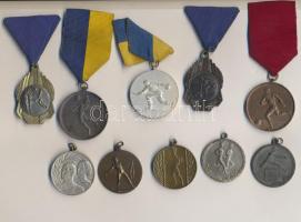 10db vegyes szocialista fém és bronz sportérem több szalaggal, közte "1951 évi MHK postaverseny I." fém sportérem T:2,2-