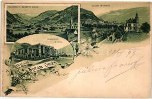 1899 Bolzano, Bozen, Gries; Panorama, kurhaus, villen / general view, spa, villas, floral, litho (EK)