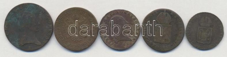 1800S 1kr Cu + 3kr Cu + 1816S 1/2kr Cu + 1kr Cu "I. Ferenc" + 1851G 2kr Cu T:2-,3 patina