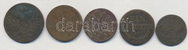 1800S 1kr Cu + 3kr Cu + 1816S 1/2kr Cu + 1kr Cu "I. Ferenc" + 1851G 2kr Cu T:2-,3 patina