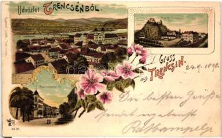 1898 Trencsén, Trencin; vár, Marsooszky út, Gansel Lipót  4070.  / castle, street, floral, litho (vágott / cut)