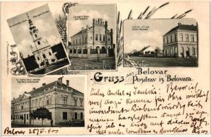 Belovár, Bjelovar; Római katolikus és Izraelita templom, zsinagóga, Déli utca, Bíróság, kiadja J. Fleischmann / church, synagogue, street, court, floral (vágott / cut)