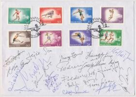 1966 Olimiafila FDC rajta 18 magyar és külföldi olimpikon saját kezű aláírásával. Mellékelve a sportolók felsorolása