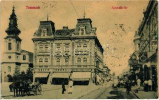 Temesvár, Timisoara; Kossuth tér, Adler Ignác, Dutsch R. Rezső, Klug János és Csendes és Fischer üzlete / square, shops (EK)