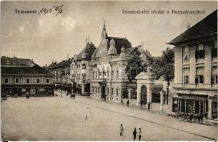 Temesvár, Timisoara; Losonc tér, Hunyadi utca, Kerschek és Kubitsek és Deutsch Testvérek üzlete / square, street, shops (EB)