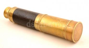 cca 1900-1930 Tengerészeti teleszkópos réz látcső, bőr burkolattal, lencsevédővel, h: 22 cm. (összec...