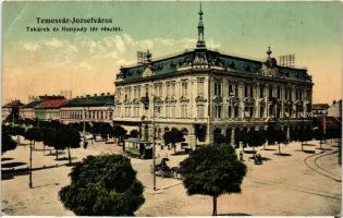 Temesvár, Timisoara; Józsefváros, Takarékpénztár és Hunyady tér, villamos / square, savings bank, tram (fa)