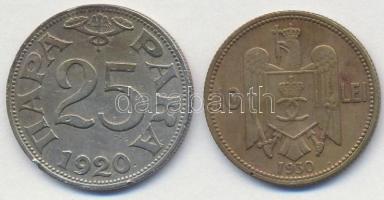 Vegyes: Románia 1930. 10L Ni-sárgaréz + Szerb-Horvát-Szlovén Királyság 1920. 25p Ni-Br T:2 ph.
Mixe...