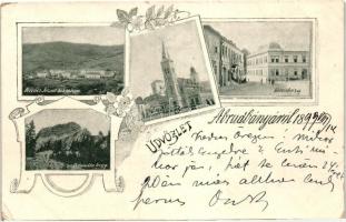 1899 Abrudbánya, Abrud; Ferenc József laktanya, városháza, templomok, Detonáta hegy / military barracks, town hall, churches, mountain, floral (EK)