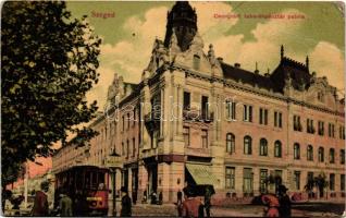 Szeged, Csongrád Takarékpénztár palota, villamos megállóhely, villamos, gyógyszertár (EK)