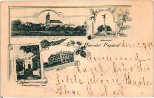 1898 Pápa, Honvéd szobor, kálvária, római katolikus iskola, templom, kiadja Goldberg Gyula