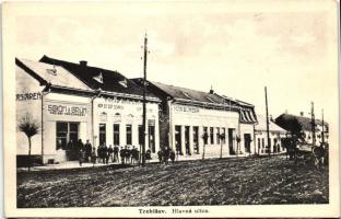 Tőketerebes, Trebisov; Fő utca, Schön & Grün mészáros üzlete, kocsma, Burger Mór üzlete / Hlavna ulica / main street, shops