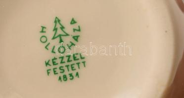 Hollóházi porcelán kék virágmintás pálinkás készlet, kézzel festett, jelezett, hibátlan