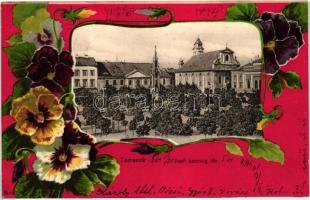 Temesvár, Timisoara; Jenő herceg tér, ibolyavirágok, kiadja Uhrmann Henrik / square, flowers, litho