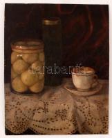 Szánthó jelzéssel: Asztali csendélet. Olaj, vászon-karton, festék hibákkal, 48×38 cm