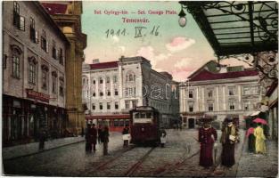 Temesvár, Timisoara; Szent György tér, villamos, Farber Miksa és Varneky üzlete / square, tram, shops