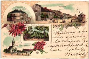 1899 Szászrégen, Reghin, Sächsisch-Regen; Gimnázium, Vásár tér, Sétány, Evangélikus templom, Lány iskola / schools, church, market square, promenade. floral, Art Nouveau, litho (EB)