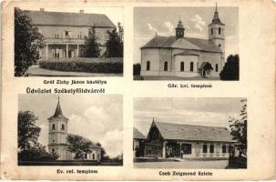 Székelyföldvár, Razboieni-Cetate; Gróf Zichy János kastélya, Görög keleti templom, Cseh Zsigmond üzlete, kiadja Cseh Zsigmond / castle, church, shop (EK)