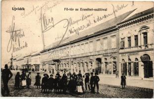 Újvidék, Novi Sad; Fő tér, Erzsébet szálloda, Adolf Landsmann, Gyorgyewic Tódor, Kassovitz Lipót és Fehér József üzlete / main square, hotel, shops