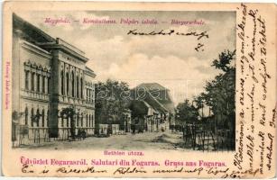 Fogaras, Fagaras; Bethlen utca, megyeház, polgári iskola, kiadja Fleissig Jakab / street, county hall, school (EK)