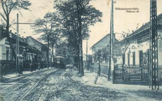 Budapest XVI. Rákosszentmihály, Rákosi út, Hora János cukrászdája, villamos (EK)