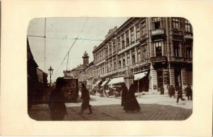 Miskolc, Széchenyi utca, villamos, Horváth Nagy szállodája, képeslapra ragasztott photo