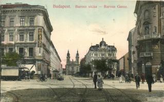 Budapest VIII. Baross utca, Bodó Kávéház, Budapesti Bazár, Vaskereskedés, villamos (b)