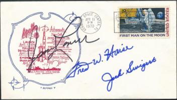 James Lovell (1928- ), Fred Haise (1933- ) és Jack Swigert (1931-1982) amerikai űrhajósok autopen aláírásai emlékborítékon /  Autopen signatures of James Lovell (1928- ), Fred Haise (1933- ) and Jack Swigert (1931-1982) American astronauts on envelope