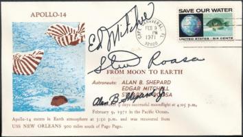 Edgar Mitchell (1930-2016), Stuart Roosa (1933-1994) és Alan Shepard (1923-1998) amerikai űrhajósok autopen aláírásai emlékborítékon /  Autopen signatures of Edgar Mitchell (1930-2016), Stuart Roosa (1933-1994) and Alan Shepard (1923-1998) American astronauts on envelope