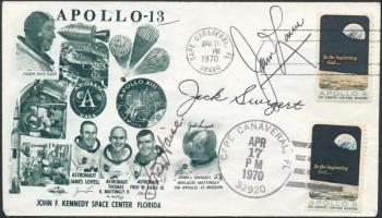 James Lovell (1928- ), Fred Haise (1933- ) és Jack Swigert (1931-1982) amerikai űrhajósok aláírásai emlékborítékon /  signatures of James Lovell (1928- ), Fred Haise (1933- ) and Jack Swigert (1931-1982) American astronauts on envelope