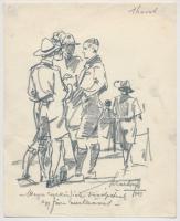 Márton Ferenc (1884-1940): 1933 Jamboree. Magyar cserkészfiak beszélgetnek egy finn cserkésszel. Ceruza, papír, jelzett, 18×12 cm /Scout graphic, pencil, paper, signed
