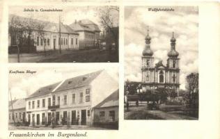 Boldogasszony, Frauenkirchen; iskola és városháza, templom, Mayer üzlete / school, town hall, church, shop, Atelier Robert Gillar (Rb)