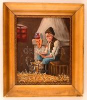 Czigény Antal (?-?): Kukoricahántás. Olaj, vászon, sérült, keretben, 29×24 cm