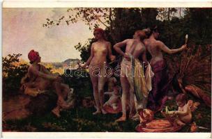 Urteil des Paris / Jugement of Paris, erotic nude art postcard, s: V. Hynais (fa)